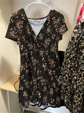 Black Floral Short Sleeve Mini Dress with Pink Blooms